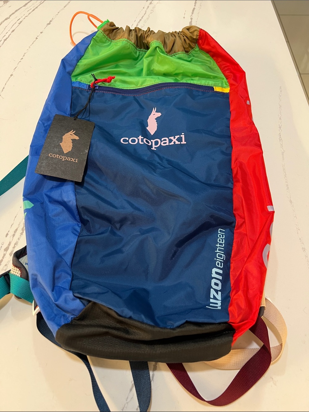 Cotopaxi Luzon 18 Multicolor Navy Blue Green Red Drawstring Backpack
